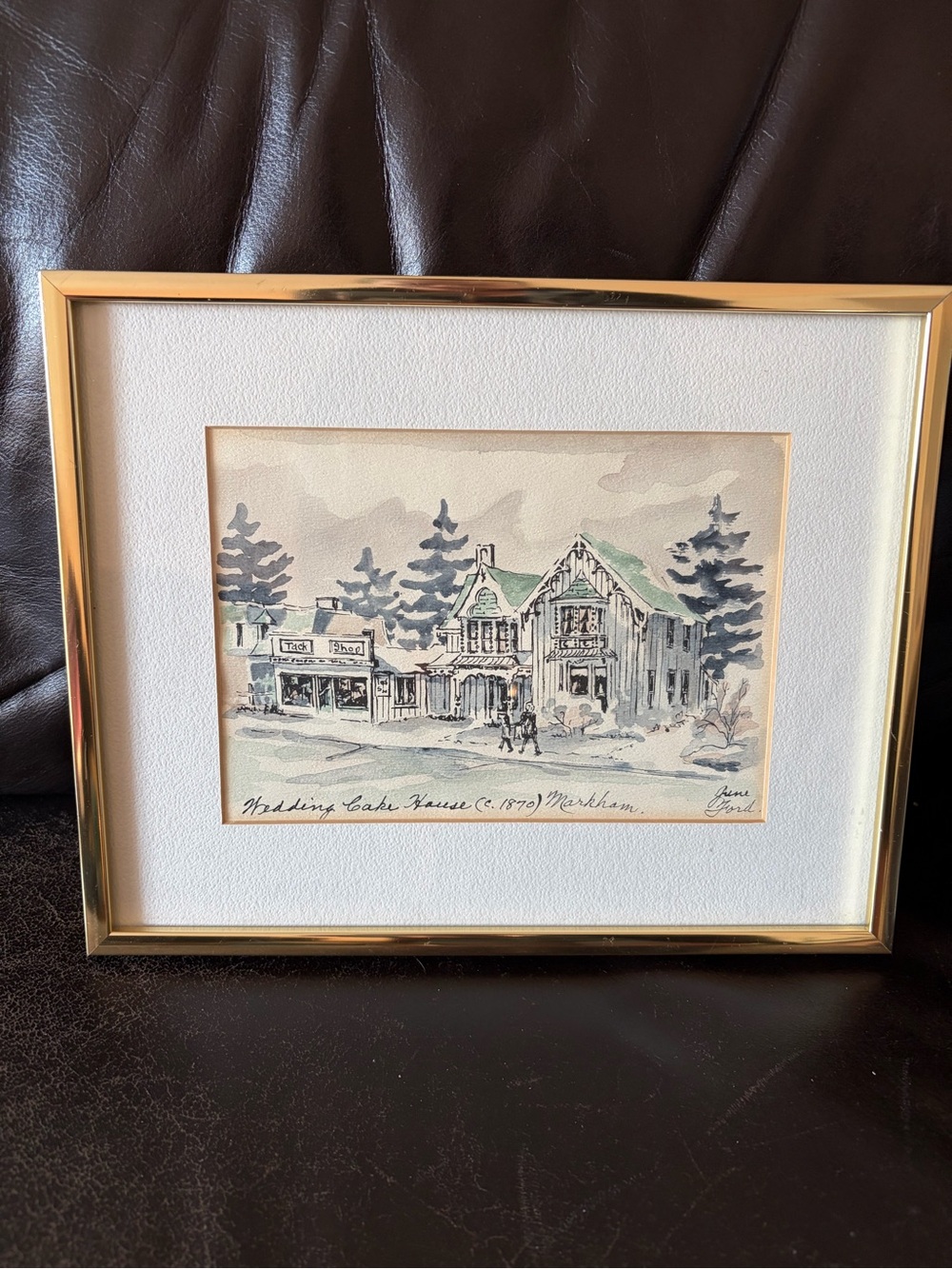 Framed Winter Village Watercolor with Gold Frame